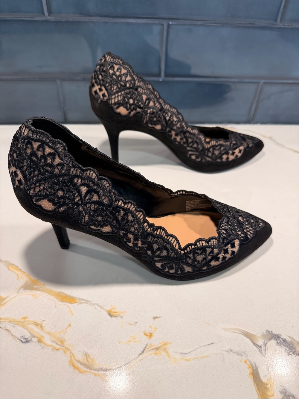 INC International Concepts Black Lace Pointed Toe Pumps with Nude Underlay